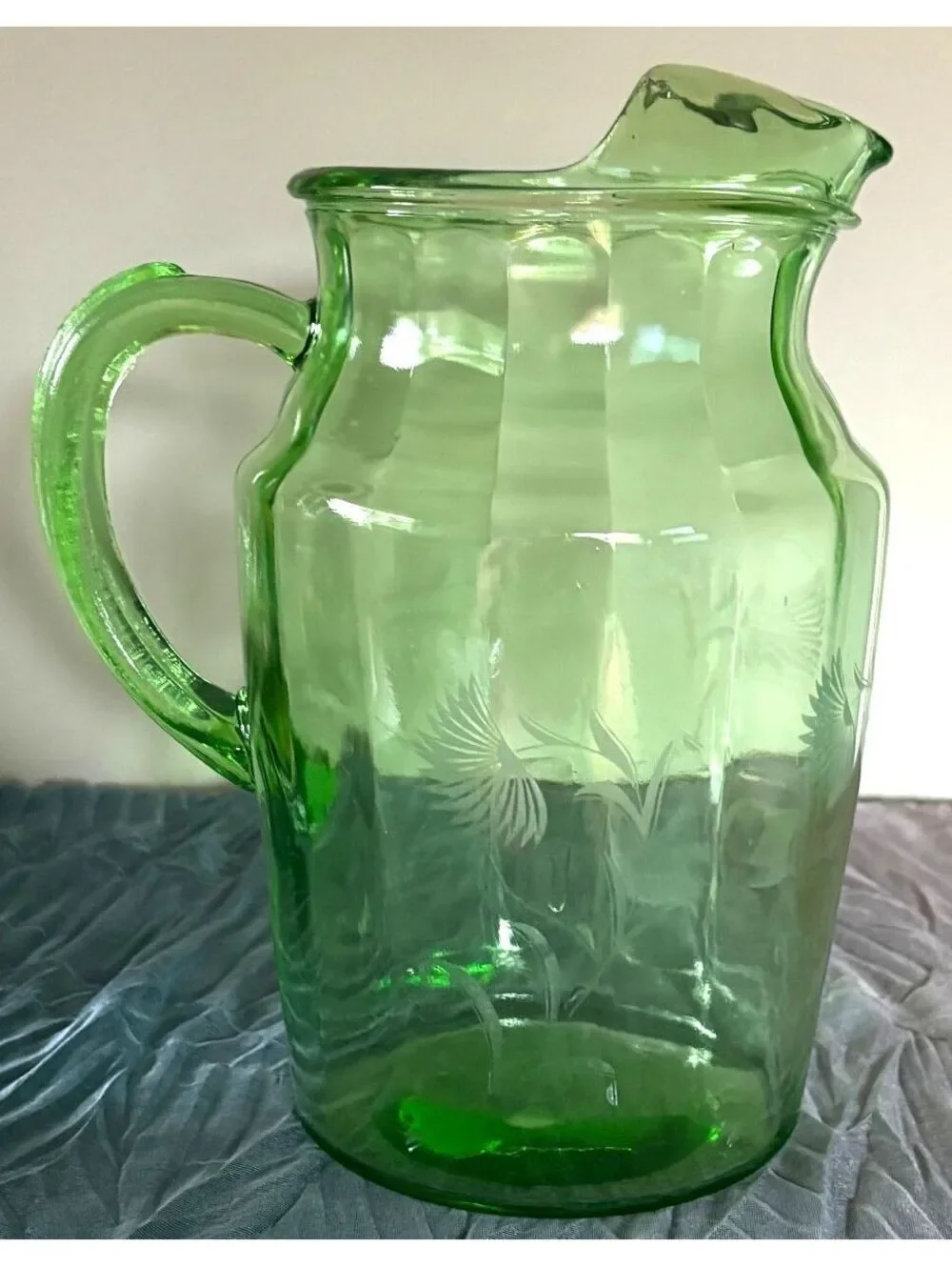 Vintage Uranium Glass Pitcher Green Etched Floral UV Reactive Depression Era